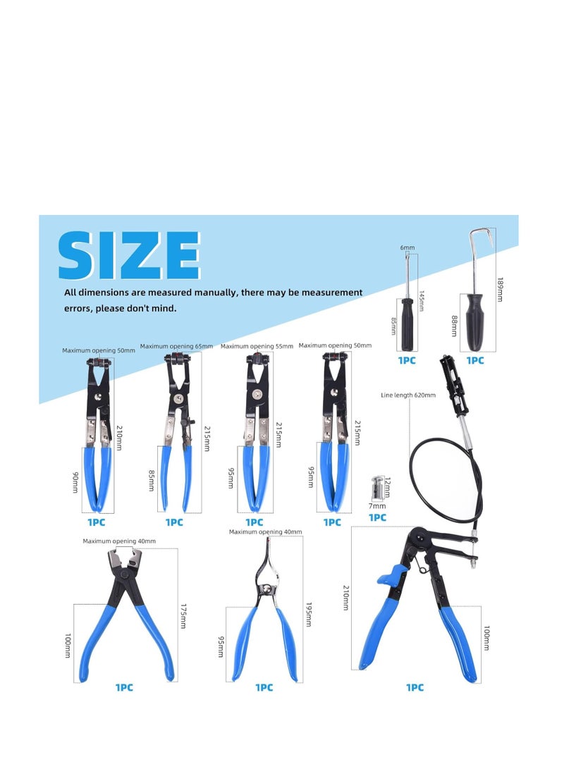 9Pcs Blue Flexible Hose Clamp Pliers Set, Long Reach Spring Wire Clip Plier Hose Clamp Pliers Remover Kit for Removal and Installation, for Replacement of Fuel, Oil, Water Hose Repair