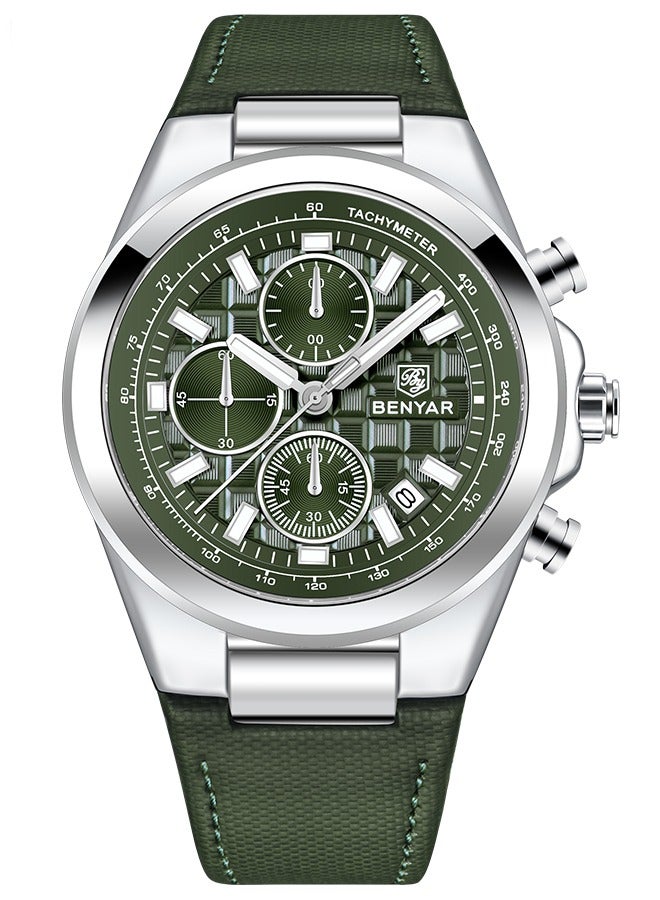 2024 New Men's Quartz Watches Luxury Chronograph Watches Silver Green Dial Leather Green Strap Sports Waterproof Chronograph BY5206