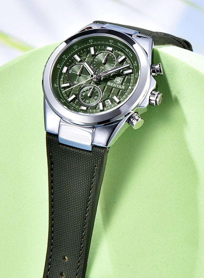 2024 New Men's Quartz Watches Luxury Chronograph Watches Silver Green Dial Leather Green Strap Sports Waterproof Chronograph BY5206