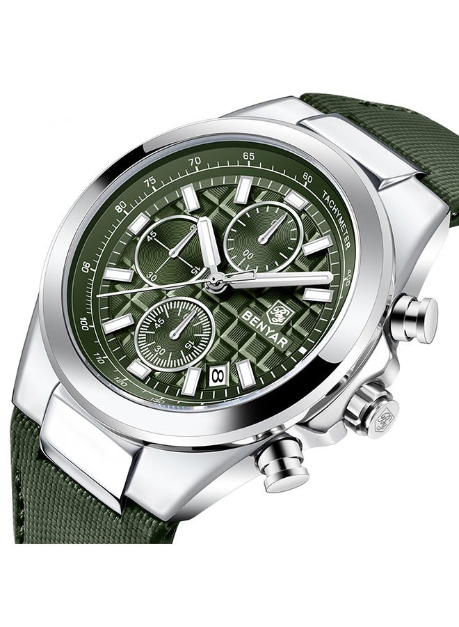 2024 New Men's Quartz Watches Luxury Chronograph Watches Silver Green Dial Leather Green Strap Sports Waterproof Chronograph BY5206