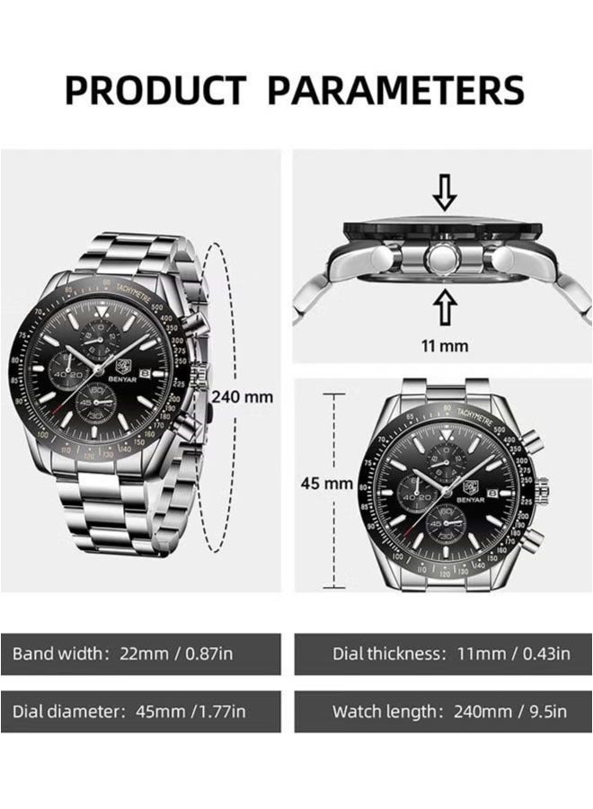 Men's Quartz Watches, Waterproof Sports Chronograph Watches, Men's Automatic Date Watches, Dial 45mm  BY-5140 Silver Black