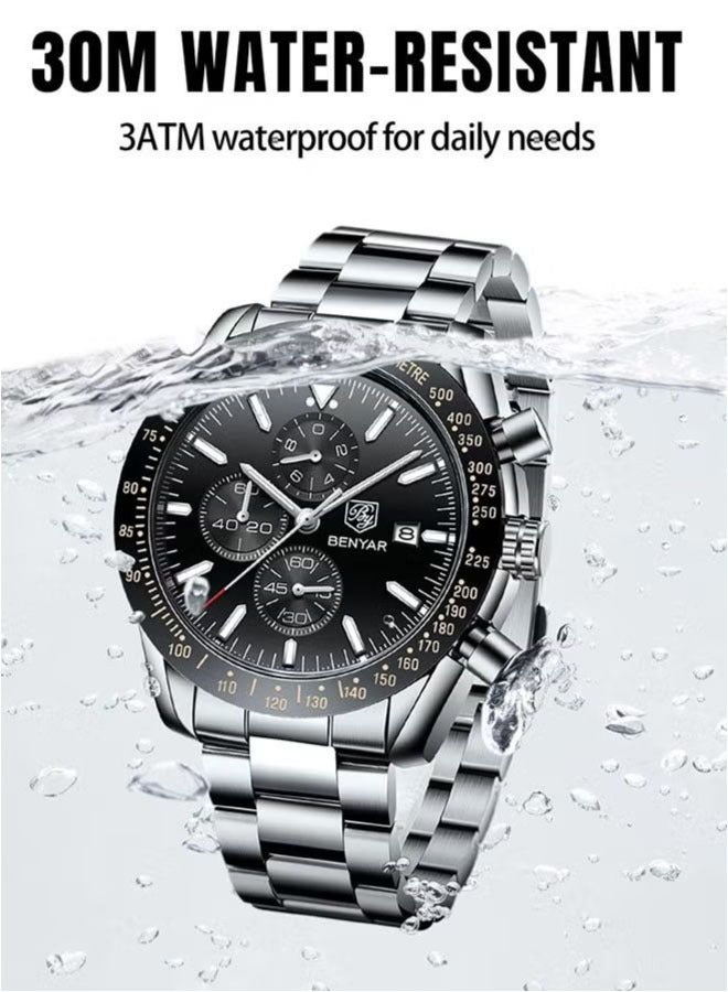 Men's Quartz Watches, Waterproof Sports Chronograph Watches, Men's Automatic Date Watches, Dial 45mm  BY-5140 Silver Black