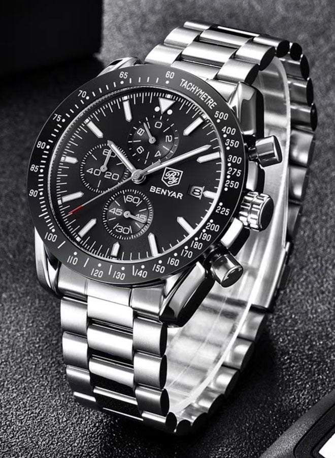 Men's Quartz Watches, Waterproof Sports Chronograph Watches, Men's Automatic Date Watches, Dial 45mm  BY-5140 Silver Black