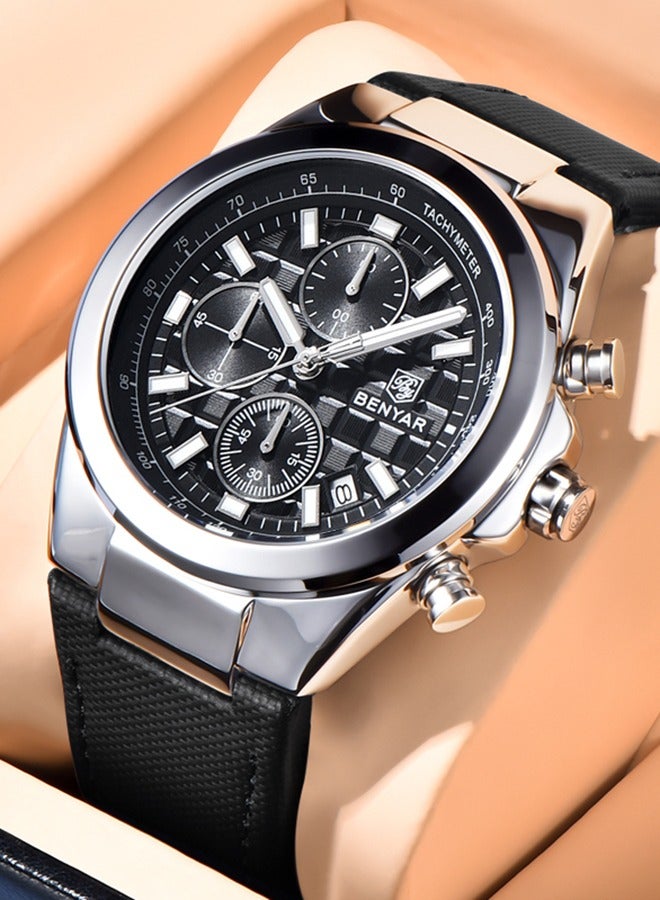 Men's Quartz Watches Sports Chronograph 3ATM Waterproof Silver Black Dial Leather Black Strap Business Casual Watches BY5206