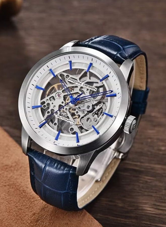 Men's automatic leather strap watch, waterproof watch, fashion watch, PD-1638 Silver Blue