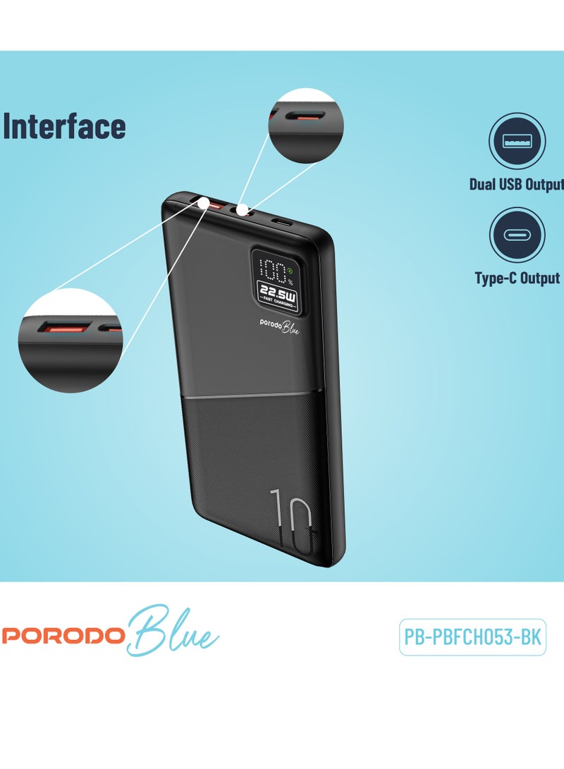 10000mAh Quick Charge Power Bank with Dual USB Output / PD 20W / 22.5W QC3.0 / 18W Micro Input / Digital Display - Black