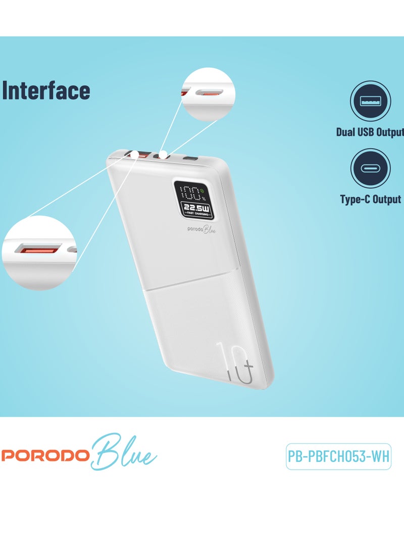 10000mAh Quick Charge Power Bank with Dual USB Output / PD 20W / 22.5W QC3.0 / 18W Micro Input / Digital Display - White