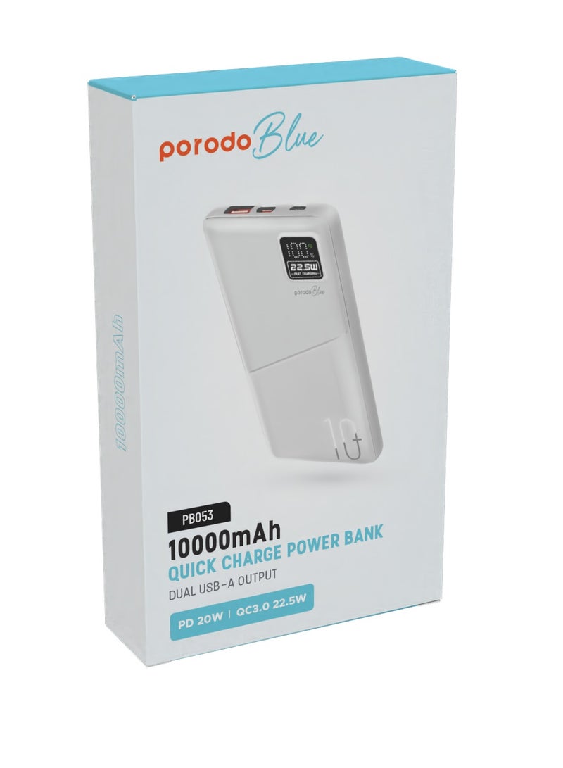 10000mAh Quick Charge Power Bank with Dual USB Output / PD 20W / 22.5W QC3.0 / 18W Micro Input / Digital Display - White