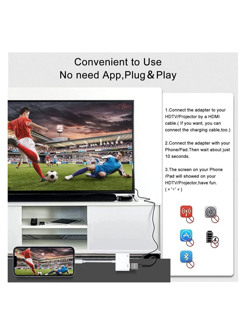 Lightning to HDMI Adapter,Digital AV Adapter iPhone,iPad to HDMI,(No Need Power) 1080P Video & Audio Sync Screen Connector Compatible iPhone,iPad