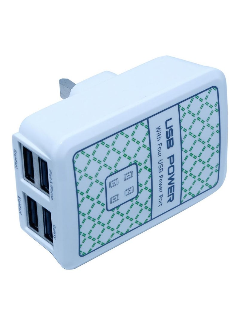 4-Port USB to Mains AC Wall Charger Adapter Plug White