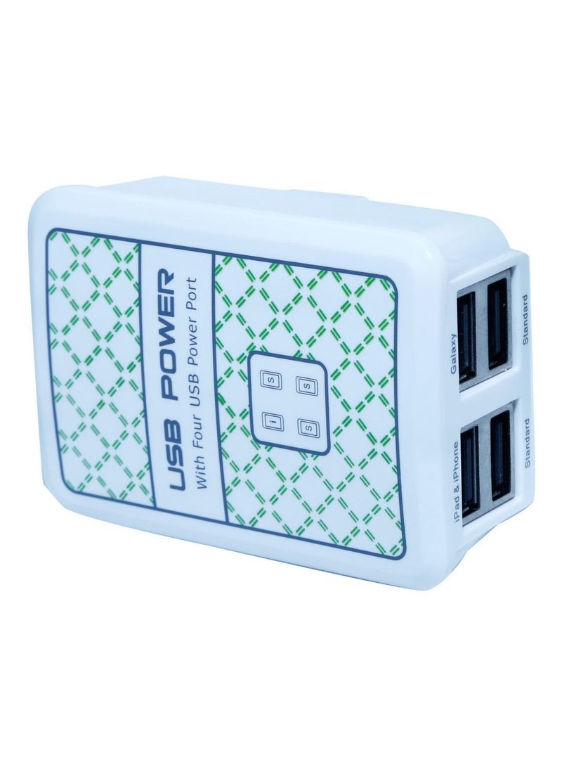 4-Port USB to Mains AC Wall Charger Adapter Plug White