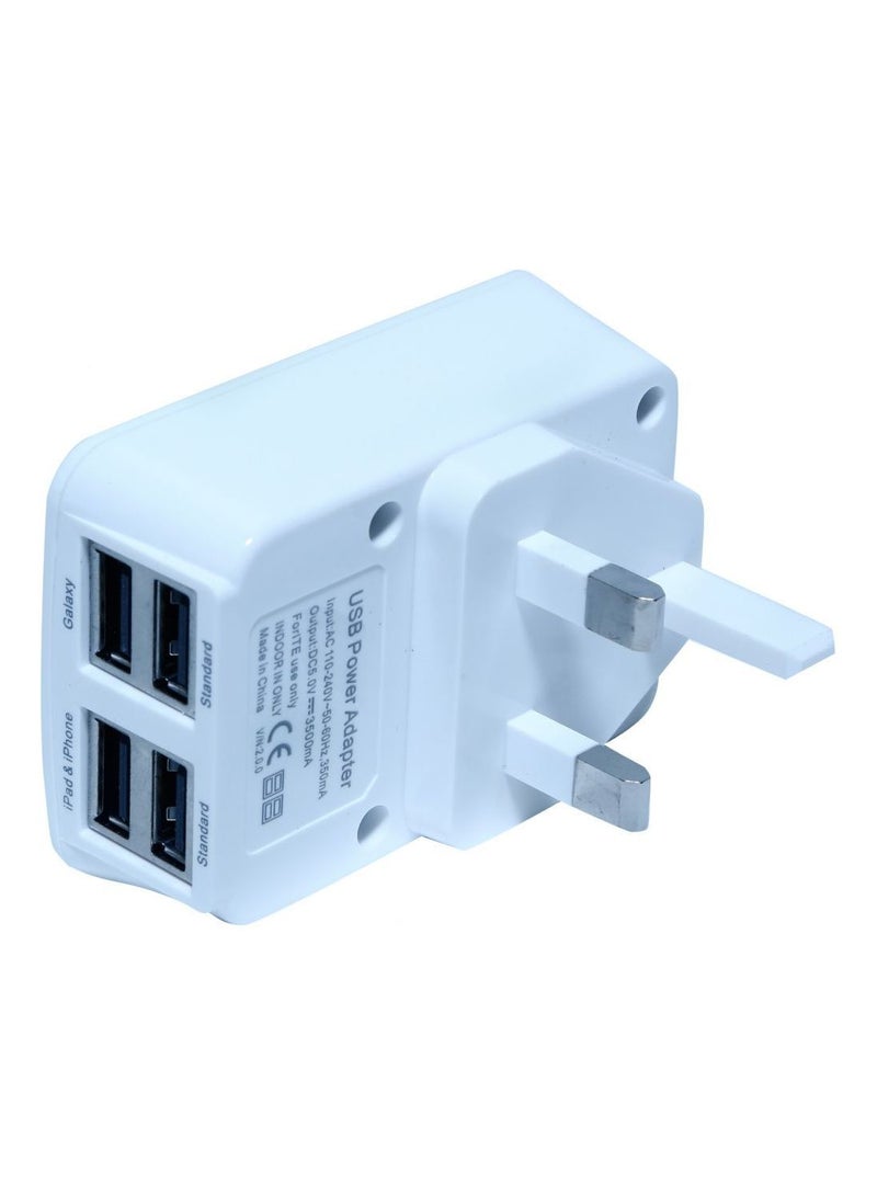 4-Port USB to Mains AC Wall Charger Adapter Plug White