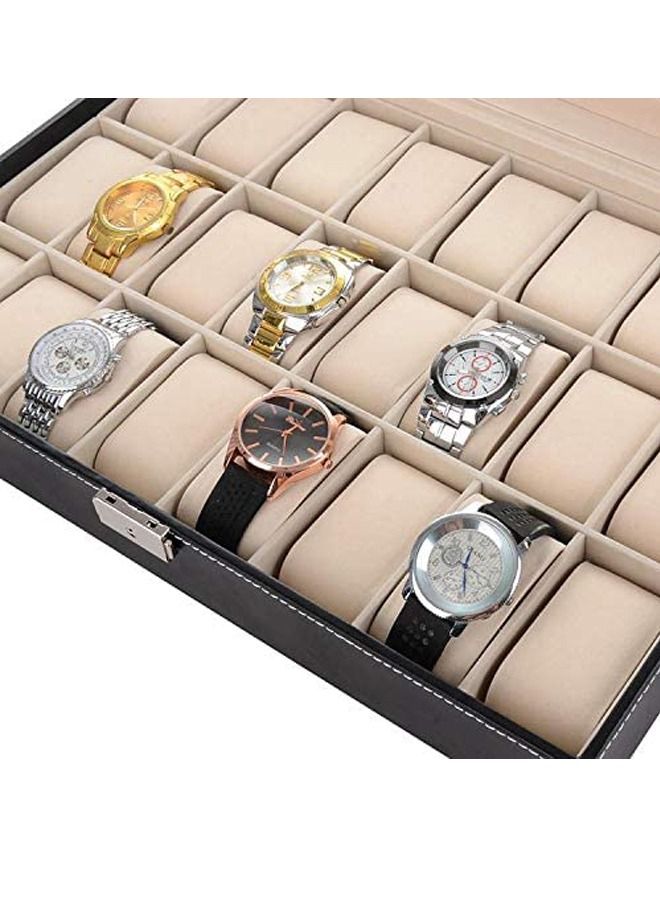 Padom PU Leather Watch Box, Watch Holder, Watch Organizer with Glass Lid, Watch Case with Removable Watch Pillow, Velvet Lining, Metal Clasp, Watch Display (24 Slot)