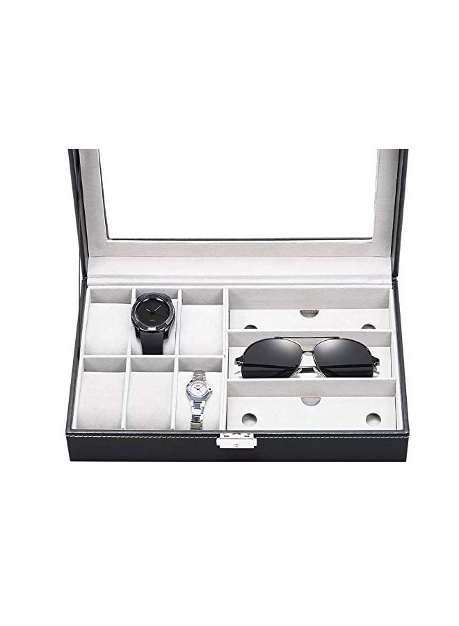 Padom Display Watch and Sunglasses Jewelry box, 6 Watch Box Jewelry Case and 3 Slots Sunglasses Organizer, PU Leather Eyeglass case Watch and Sunglasses Box for Men Women (Black)