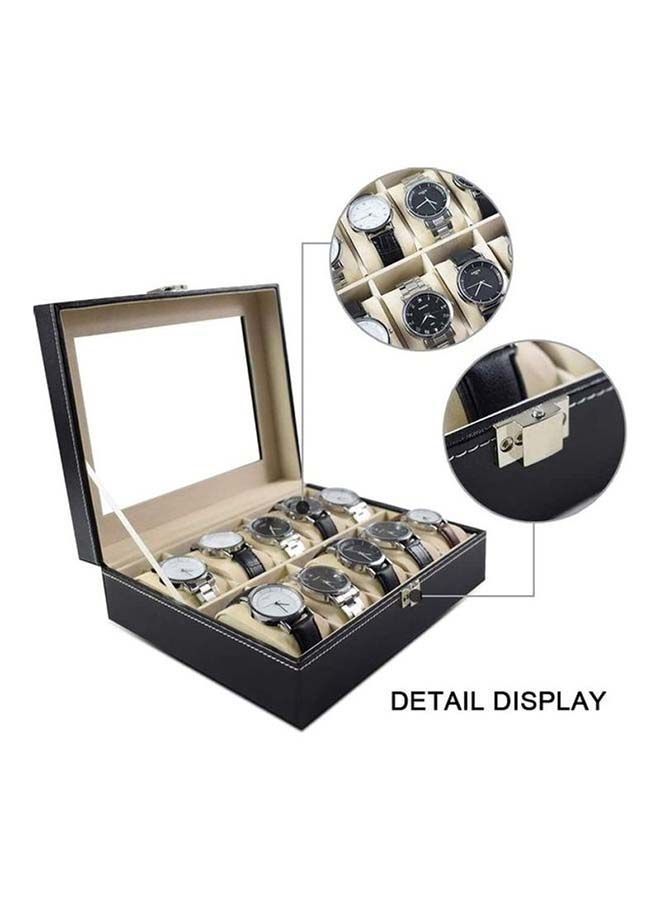 Watch Box 10 Slot PU Leather Top Glass Display Storage Jewllery Case Organizer