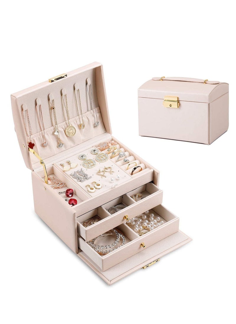 Jewelry Box Organizer for Women Girls Wife Ideal Gift, Senior PU Leather 3 Layer Medium-Sized with Lock Portable Travel Jewelry Case for Earrings Bracelets Rings-Light