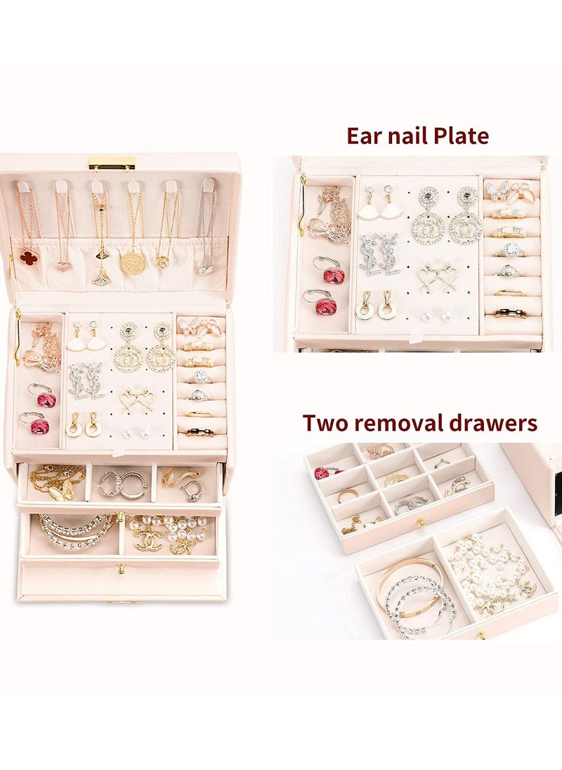 Jewelry Box Organizer for Women Girls Wife Ideal Gift, Senior PU Leather 3 Layer Medium-Sized with Lock Portable Travel Jewelry Case for Earrings Bracelets Rings-Light