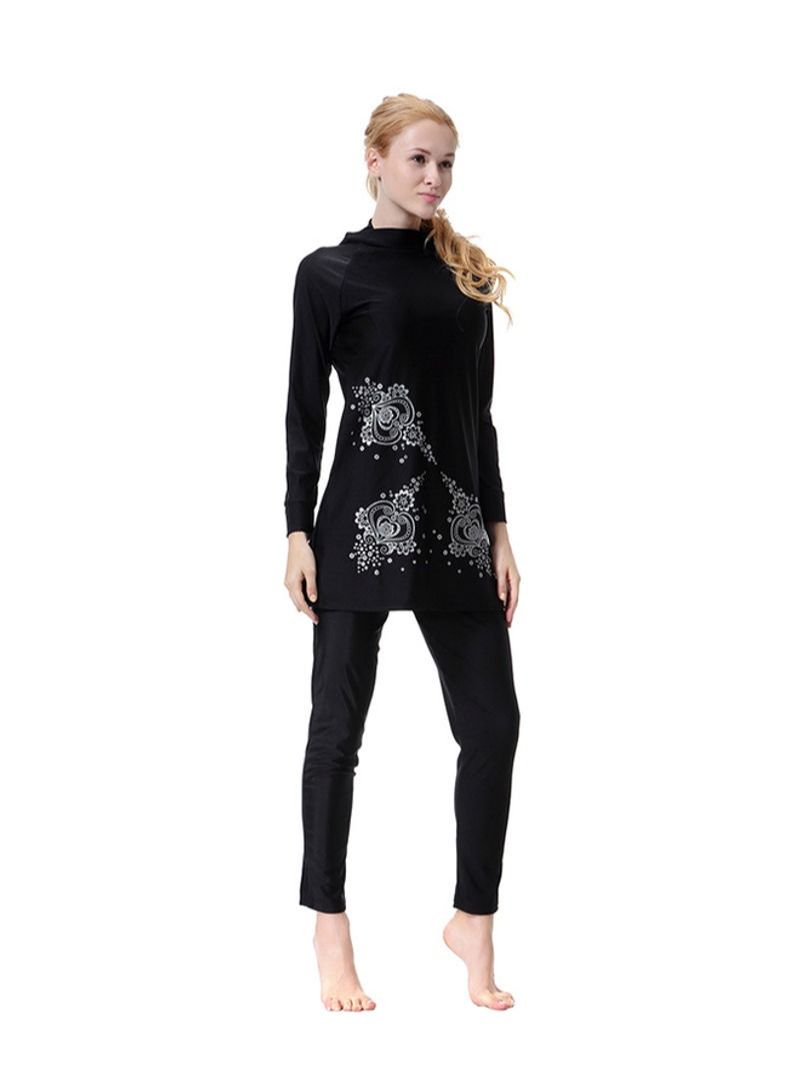 Printed Design Long Sleeve Hooded Burkinis Black