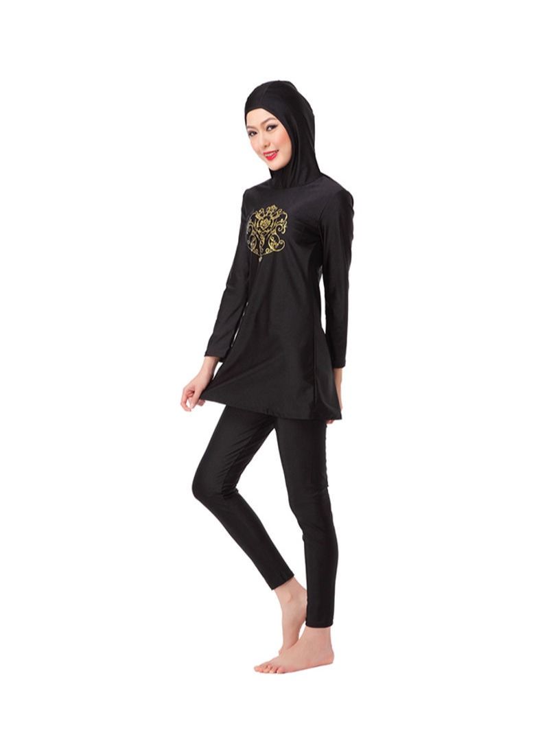 Long Sleeve Hooded Neck Burkini Black/Gold