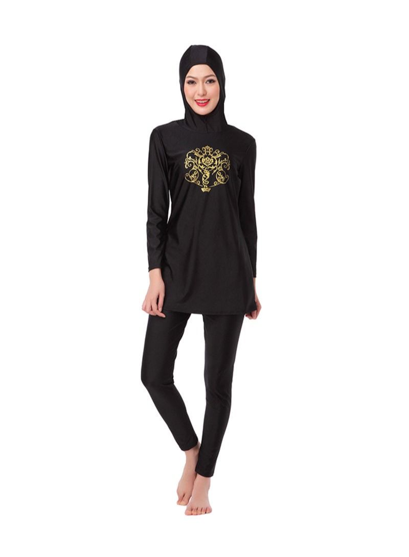 Long Sleeve Hooded Neck Burkini Black/Gold