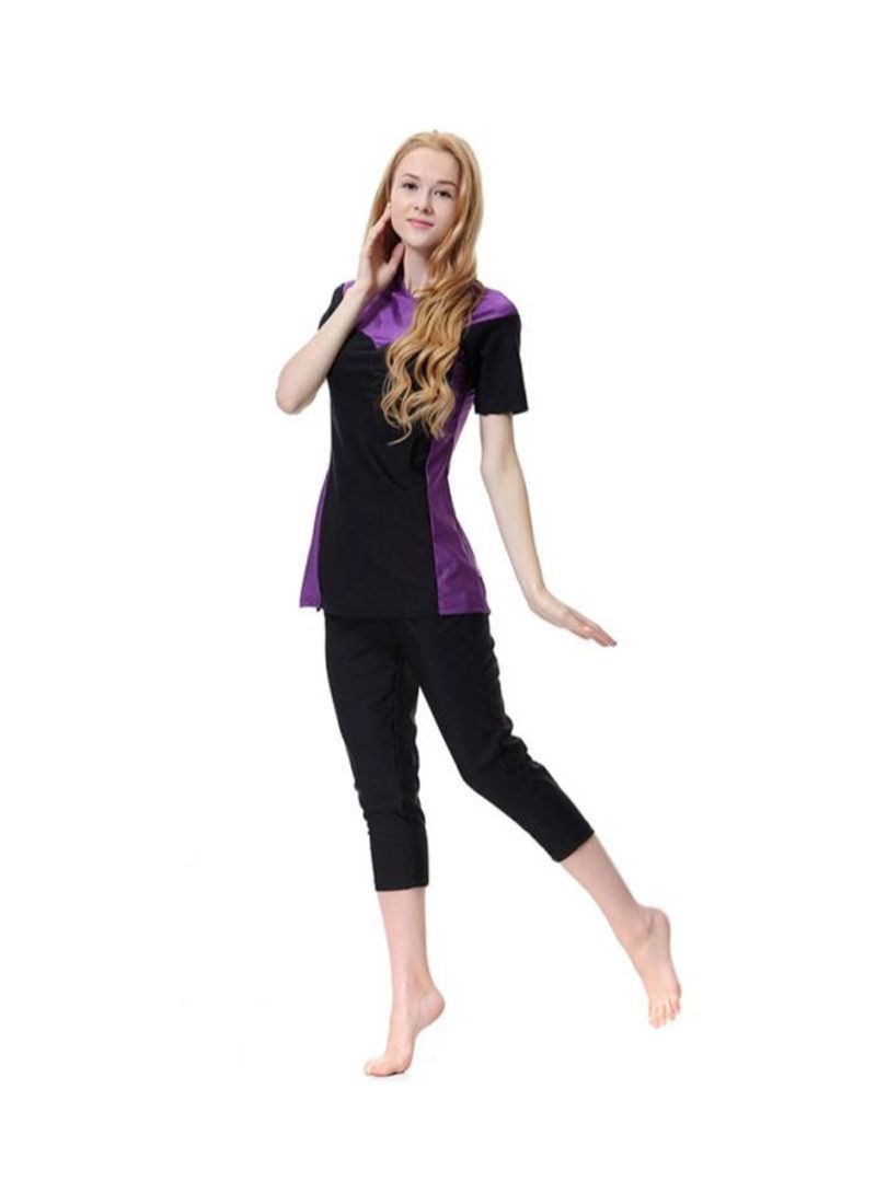 3-Piece Short Sleeves Burkini Black/Purple