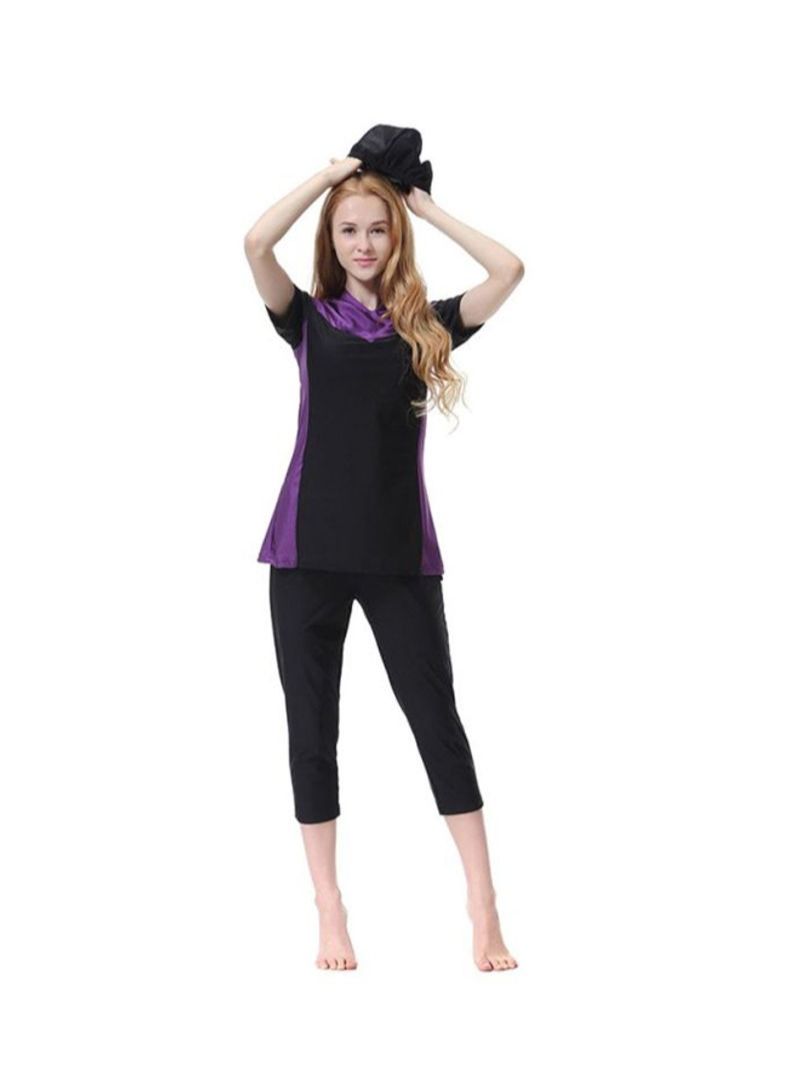 3-Piece Short Sleeves Burkini Black/Purple