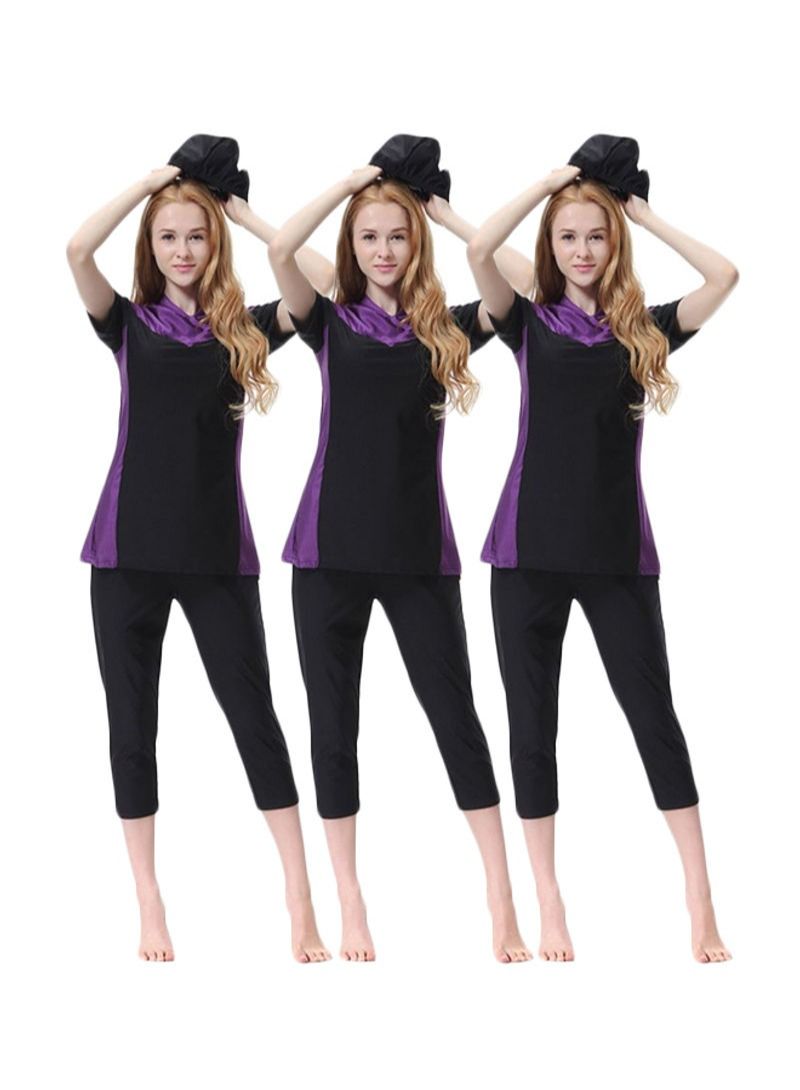 3-Piece Short Sleeves Burkini Black/Purple