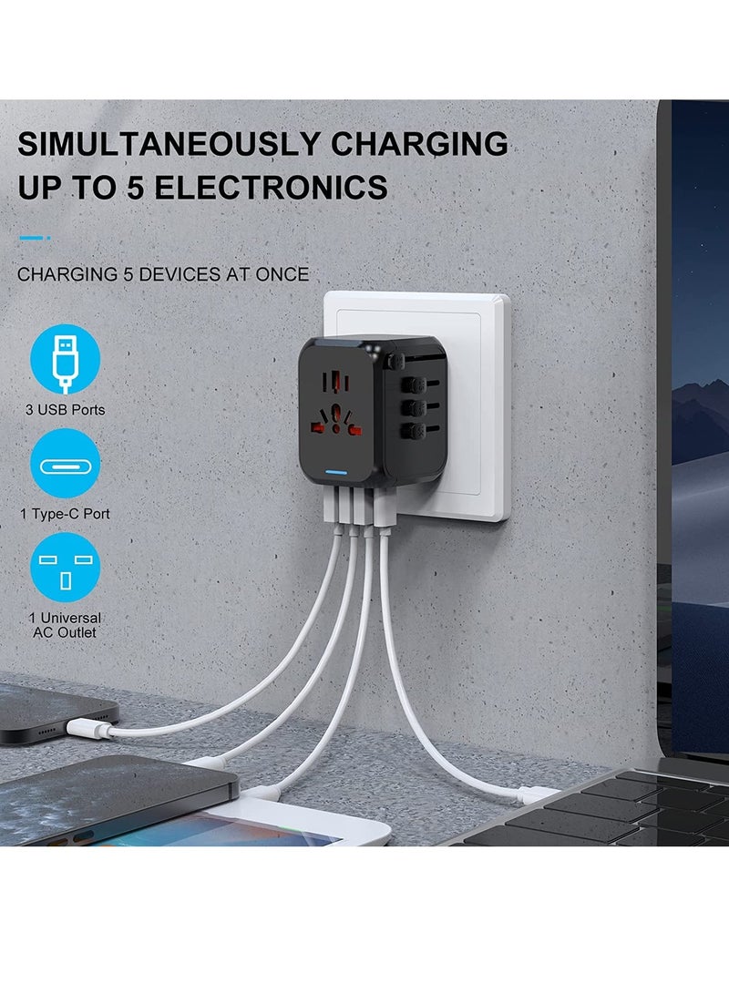 International Power Plug Adapter with 3 USB Ports & 1 Type-C Port (5V/3A), 4 AC Outlet Adaptor Charger for US to Most of Europe Iceland Spain Italy France Germany