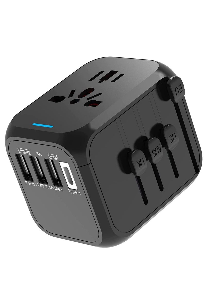 International Power Plug Adapter with 3 USB Ports & 1 Type-C Port (5V/3A), 4 AC Outlet Adaptor Charger for US to Most of Europe Iceland Spain Italy France Germany