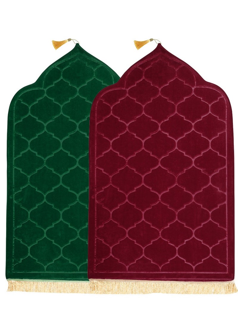 Pack of 2 Prayer Mats 70x110cm Anti-Slip Velvet Top Islamic Prayer Rugs for Gifting New Dome Design Thick Padded Sajadah Prayer Mat for Couples Men Women Eid Gift Ramadan Prayer Mat Maroon/Green
