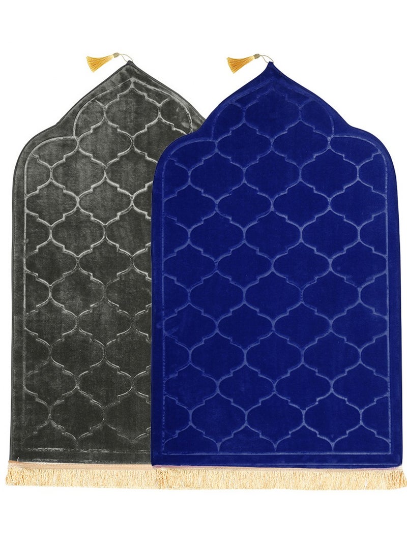 Pack of 2 Prayer Mats 70x110cm Anti-Slip Velvet Top Islamic Prayer Rugs for Gifting New Dome Design Thick Padded Sajadah Prayer Mat for Couples Men Women Eid Gift Ramadan Prayer Mat Grey/Blue