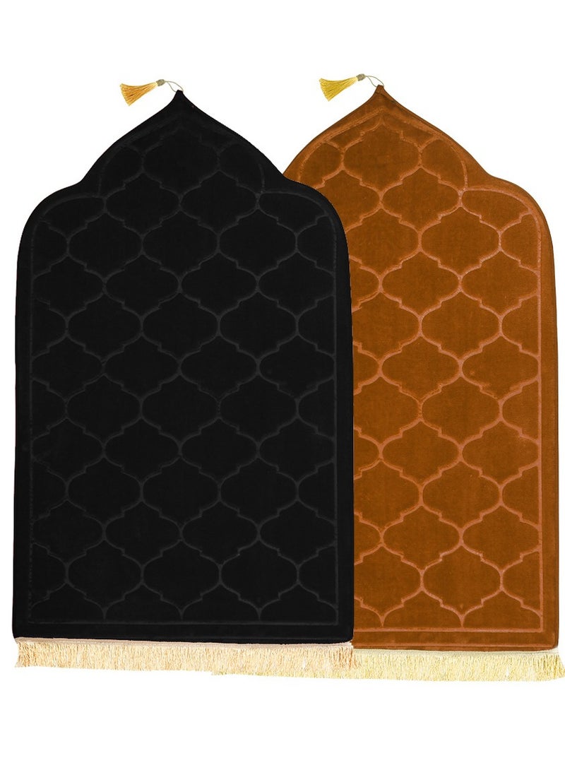 Pack of 2 Prayer Mats 70x110cm Anti-Slip Velvet Top Islamic Prayer Rugs for Gifting New Dome Design Thick Padded Sajadah Prayer Mat for Couples Men Women Eid Gift Ramadan Prayer Mat Black/Light Brown