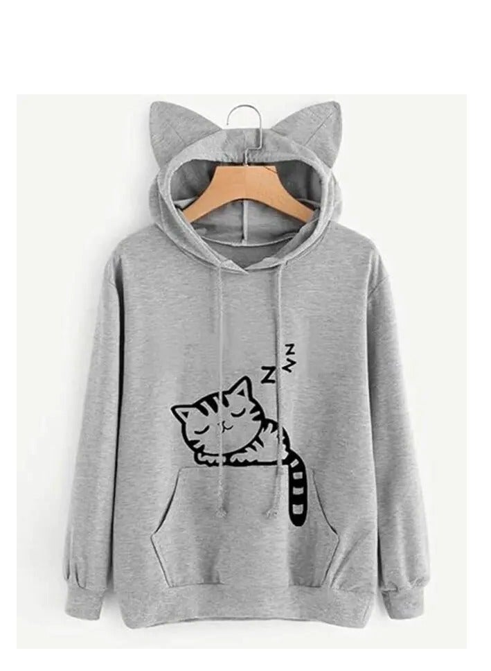 Women Girl Hoodies Cute Cat Ear Novelty Printed