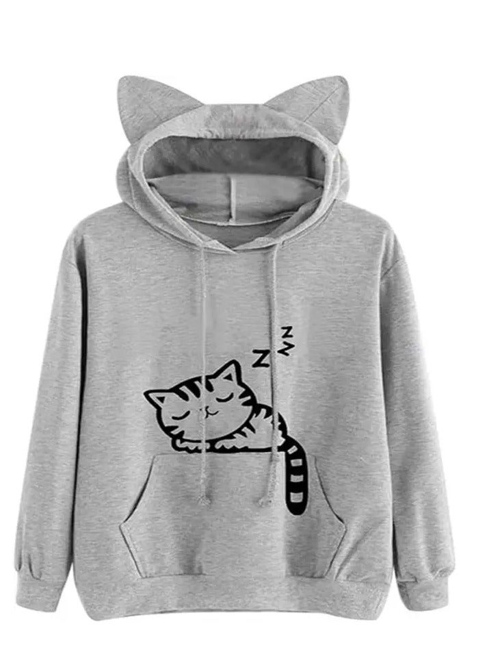 Women Girl Hoodies Cute Cat Ear Novelty Printed