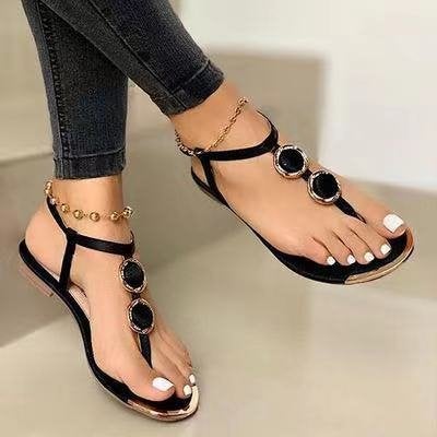 Pearl Sandals Womens 2021 Summer Diamond Flat Shoes Flat Heel Fairy Style Soft Sole Fashion Womens Shoes TrendyBlack Black