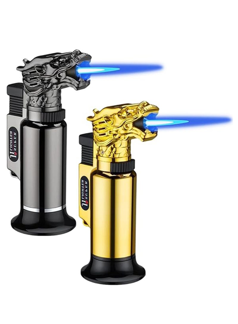 Torch Lighter, 2 Pack Butane Refillable Jet Flame Dragon Lighter with Lockable Function Adjustable Flame Windproof Lighter for Camping BBQ Baking Welding Cooking Soldering Grilling (Butane Not Included)