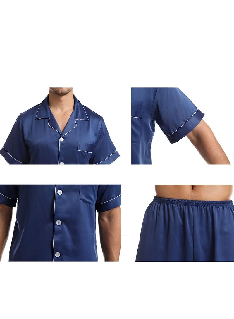 Mens 2pcs Summer Soft Pyjamas Set Short Sleeve Button Down Shirt With Boxer Shorts Blue Large (Shirt Length 28''/Shirt Chest 23''/Pajama Length 20''/Pajama Waist 29'')