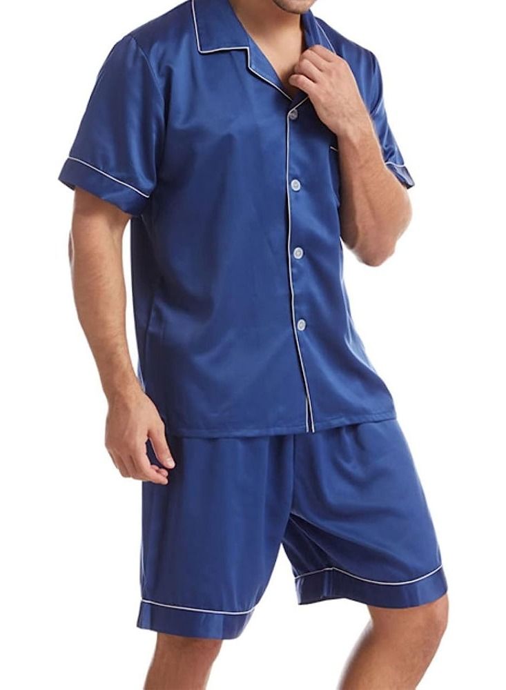 Mens 2pcs Summer Soft Pyjamas Set Short Sleeve Button Down Shirt With Boxer Shorts Blue Large (Shirt Length 28''/Shirt Chest 23''/Pajama Length 20''/Pajama Waist 29'')