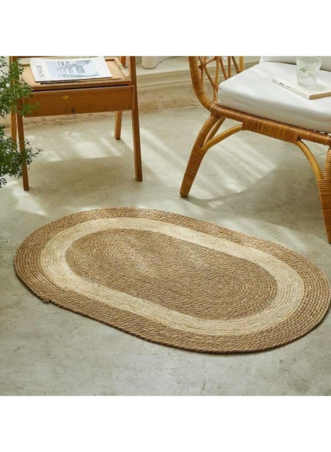 Natural Handwoven Oval Jute Area Rug with White Line Durable Farmhouse Rug for Living Room