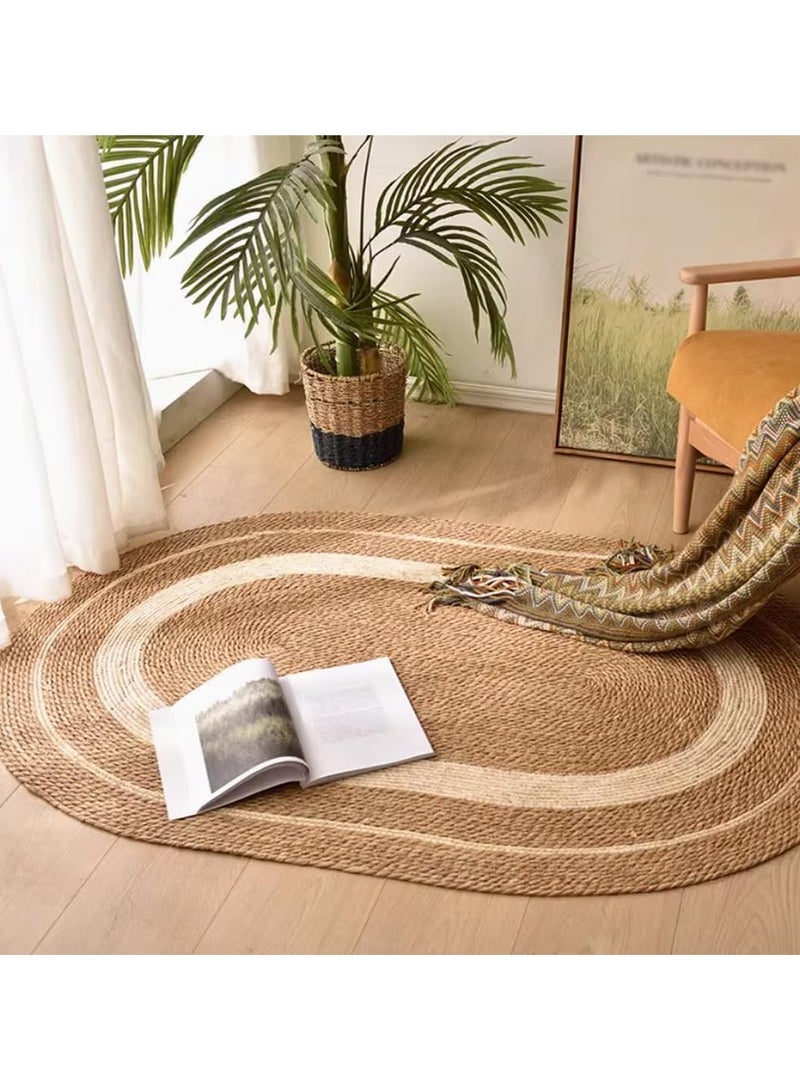 Natural Handwoven Oval Jute Area Rug with White Line Durable Farmhouse Rug for Living Room