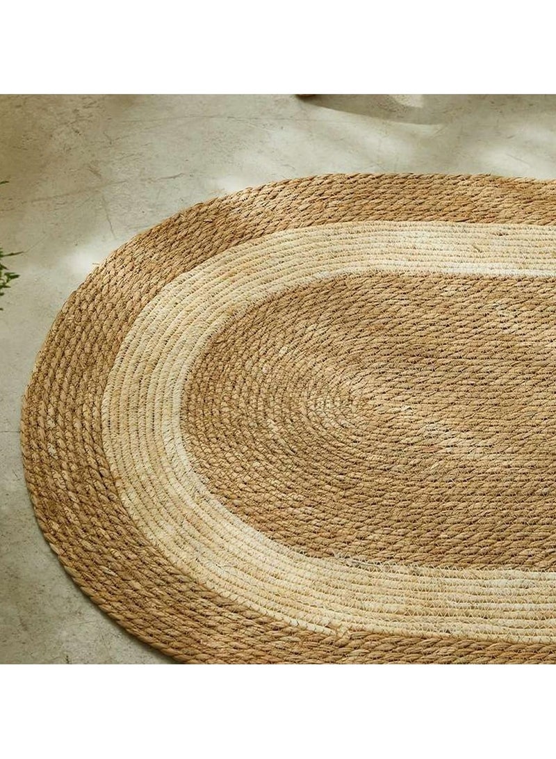 Natural Handwoven Oval Jute Area Rug with White Line Durable Farmhouse Rug for Living Room