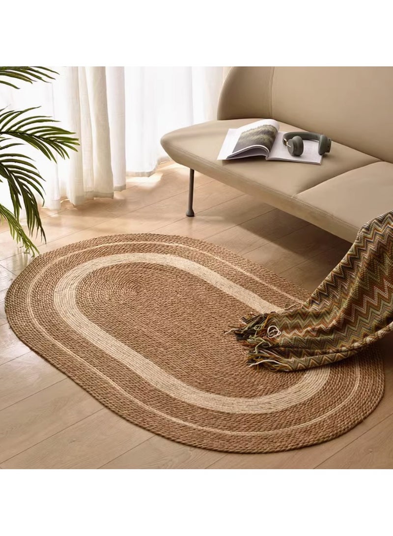 Natural Handwoven Oval Jute Area Rug with White Line Durable Farmhouse Rug for Living Room