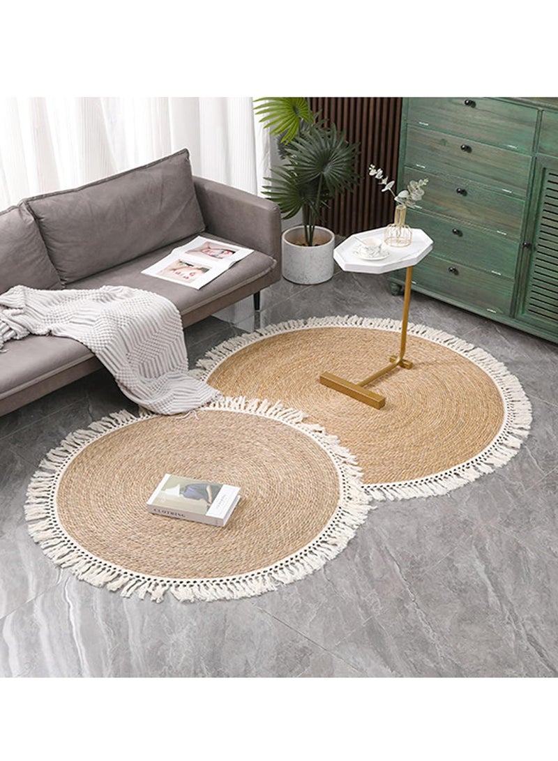 Round Jute Handwoven Braided Rug Vintage Beige Reversible Carpet Boho Farmhouse Decor for Bedroom Living Room & Kitchen