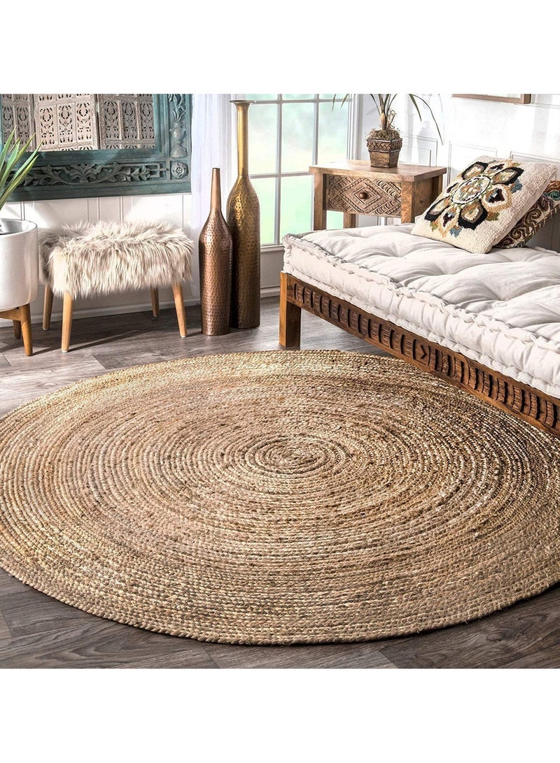 Jute Rug Carpet Natural Hand Woven Reversible Rustic Style Round Area Rug Carpet Beige 100x100cm