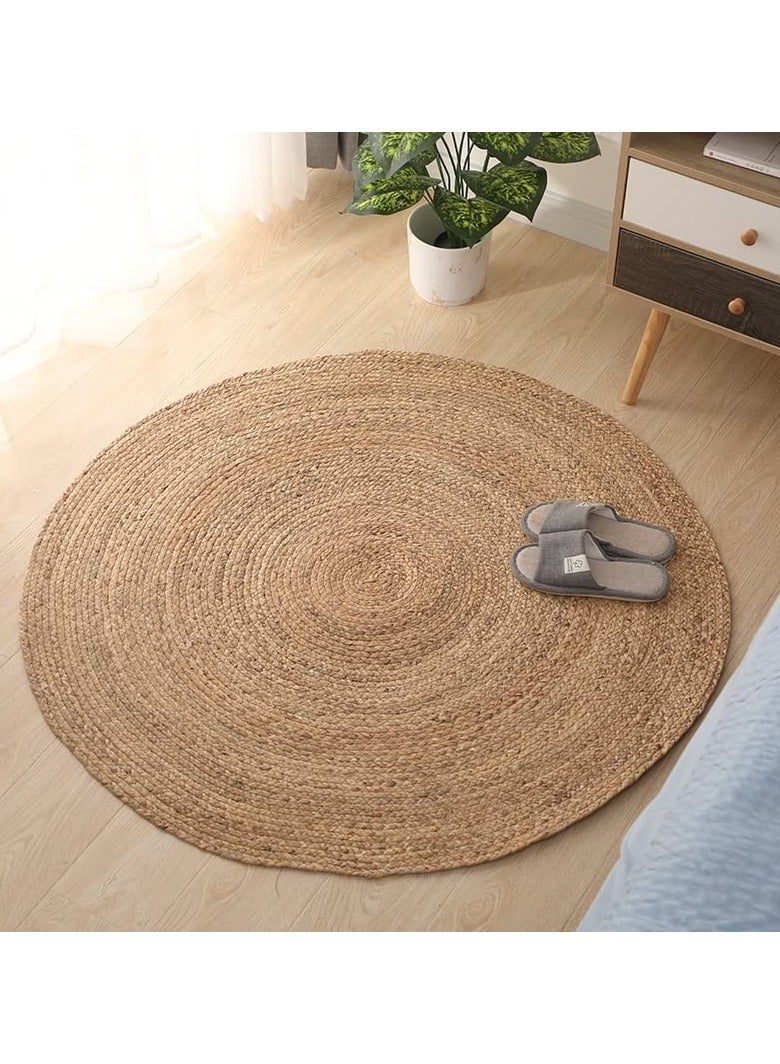 Jute Rug Carpet Natural Hand Woven Reversible Rustic Style Round Area Rug Carpet Beige 100x100cm