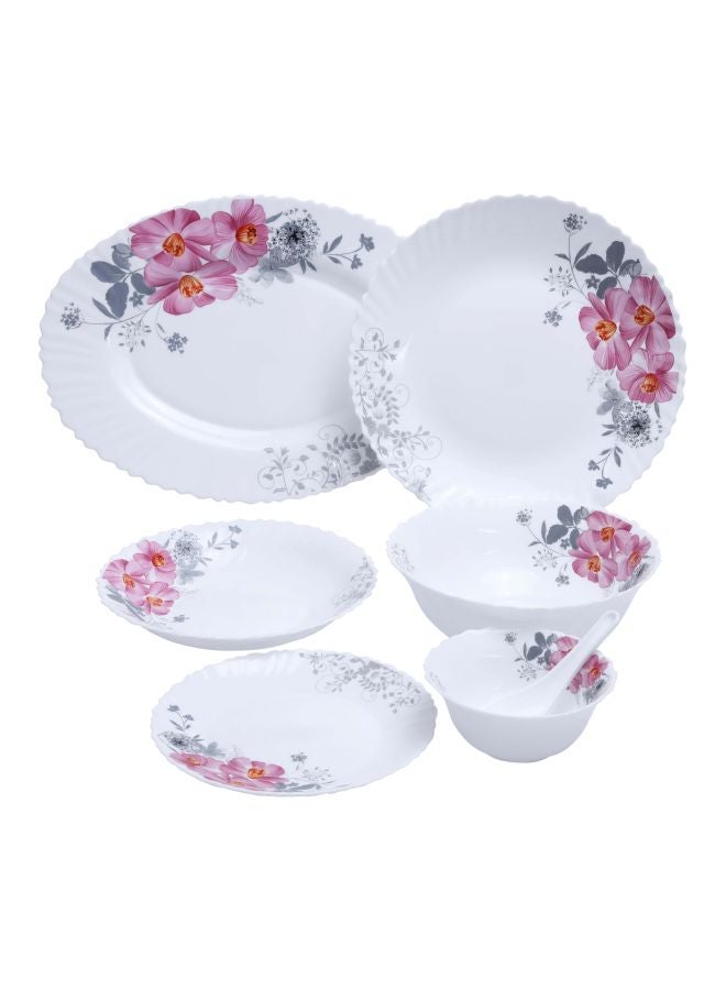 33-Piece Opalware Dinner Set White/Pink/Grey 6xDinner Plates - 10inch , 6xQuartes Plates - 7.5inch, Oval Plate - 13inch, 6xDeep Soup Plate - 8inch, 6xSoup Bowl - 5inch, ,6xSpoons, 2xServing Bowls - 8inch