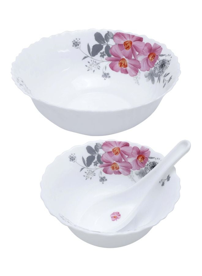 33-Piece Opalware Dinner Set White/Pink/Grey 6xDinner Plates - 10inch , 6xQuartes Plates - 7.5inch, Oval Plate - 13inch, 6xDeep Soup Plate - 8inch, 6xSoup Bowl - 5inch, ,6xSpoons, 2xServing Bowls - 8inch