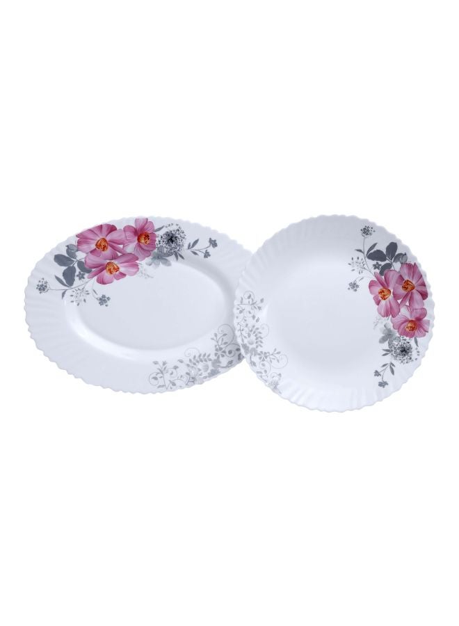 33-Piece Opalware Dinner Set White/Pink/Grey 6xDinner Plates - 10inch , 6xQuartes Plates - 7.5inch, Oval Plate - 13inch, 6xDeep Soup Plate - 8inch, 6xSoup Bowl - 5inch, ,6xSpoons, 2xServing Bowls - 8inch