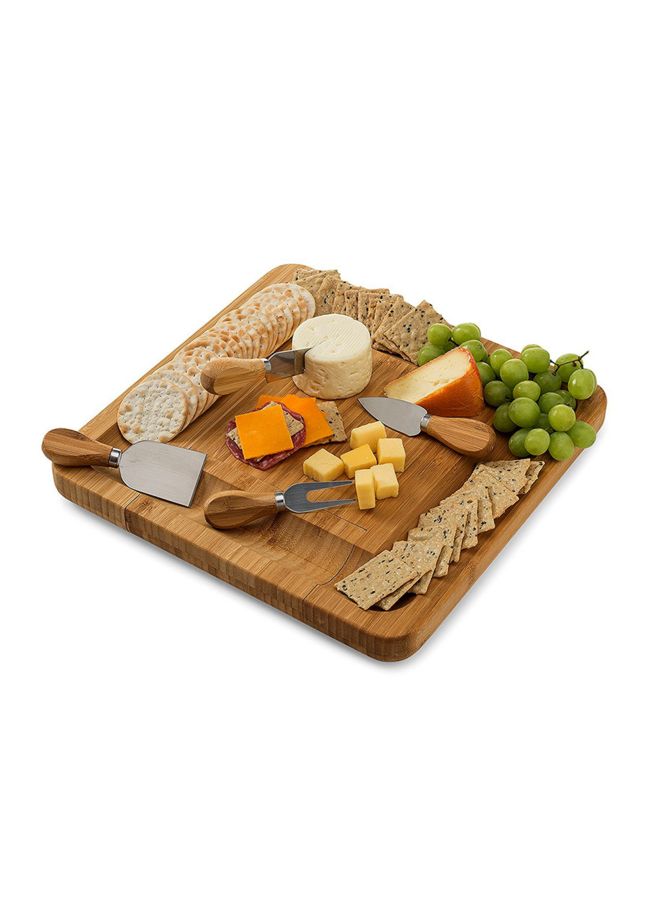 Bamboo Cheese Cutting Board With 4 Knives Brown