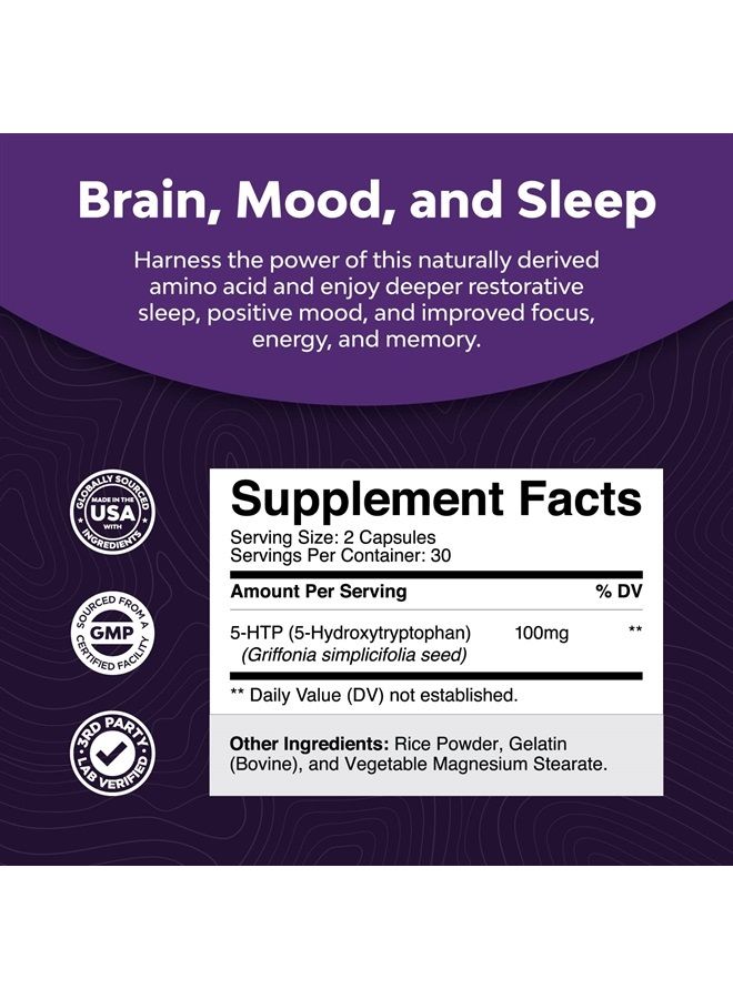 5 HTP Supplement 5-Hydroxytryptophan - 5HTP 100mg Gentle Herbal Sleep Supplement and Mood Enhancer - 5-HTP 100 mg Mood Support Supplement and Sleep Support Capsules from Griffonia Simplicifolia